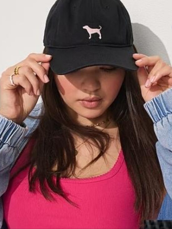 PINK Victoria's Secret Accessories - PINK Victoria's Secret Black Hat with Pink Dog Emblem OSFM